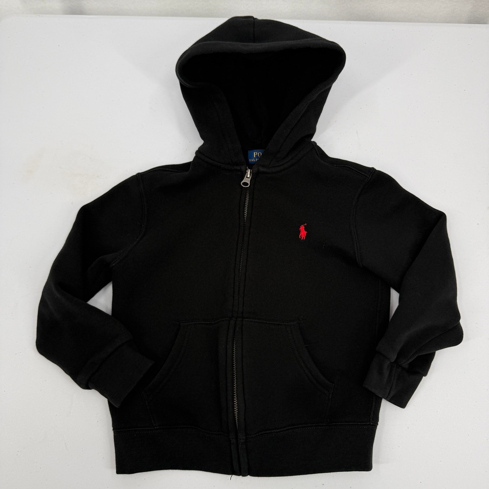 Polo Ralph Lauren Full Zip Hoodie Boys Size 5 Black Red Pony Logo‎ Fleece